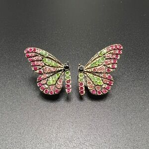 Butterfly Wing Earrings Pink Green Rhinestone Antique Gold Tone Spring Whimsical